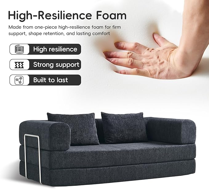5-in-1 Convertible Folding Sofa Bed 79 Queen Chenille Boneless Couch with Removable Armrests No Assembly Loveseat Sleeper Sofa Modular Futon Couch for Living Room &amp Bedroom (Black)
