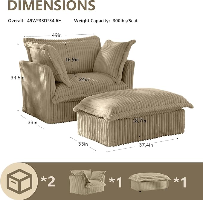 49''W Corduroy Chaise Lounge Chair Indoor Oversized Upholstered Sleeper Sofa with Movable Ottoman and 2 Pillows Removable Sofa Cover for Living Room Home Theater Apartment(Camel)