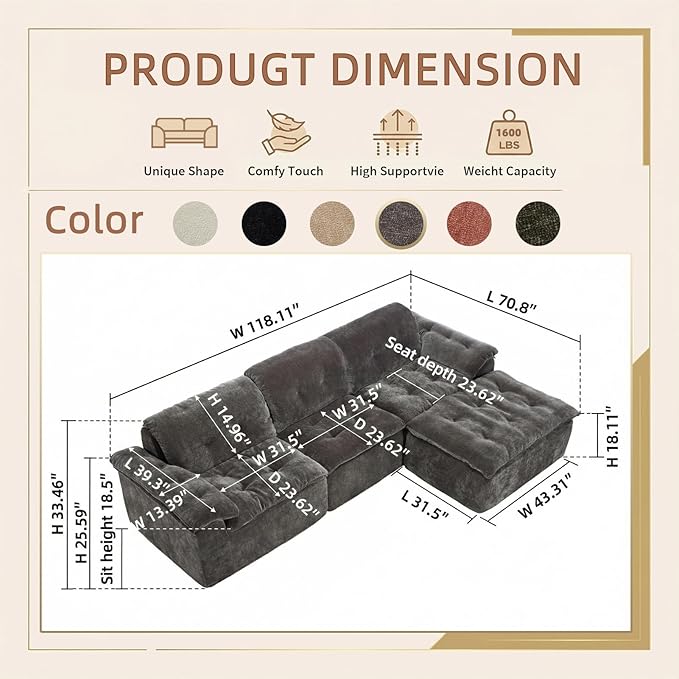 118” Cloud Sectional Couch Deep Seat Boneless Sofa for Living Room with L-Shaped Chaise Comfy Chenille Modular Sectional Sofa Made of Memory Foam No Assembly Required (Grey)
