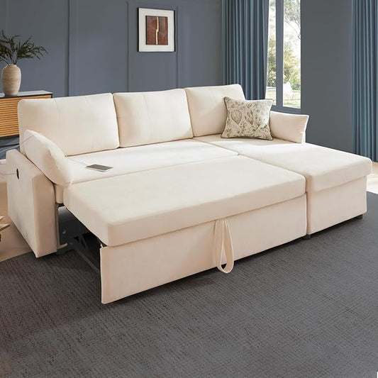 Waxberry 85 L Shaped Sectional Sofa Couch Pull Out Couch Sleeper Sofa Bed for Living Room Modular Chenille Deep Seat Sofa Reversible Chaise Storage Side Pockets &amp Dual USB/Type-C Ports Beig