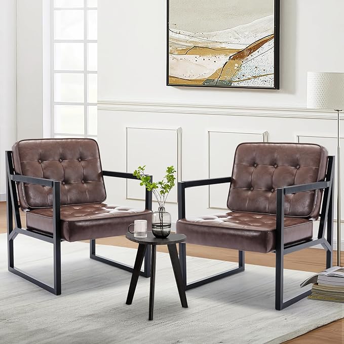 Mid Century Modern Accent Chair Set of 2 Comfy Living Room Chair Brown Leather Accent Chair Faux Leather Reception Armchair with Metal Legs for Living Room Bedroom Reception Office Brown