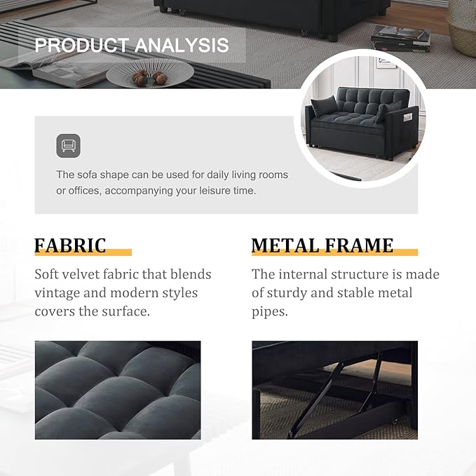 Futon Sofa BedModern 3 in 1 Convertible Sleeper Sofa Pull Out Couch Bed with Adjustable Backrest Storage Pockets and Toss Pillows for Living Room Bedroom (Black)