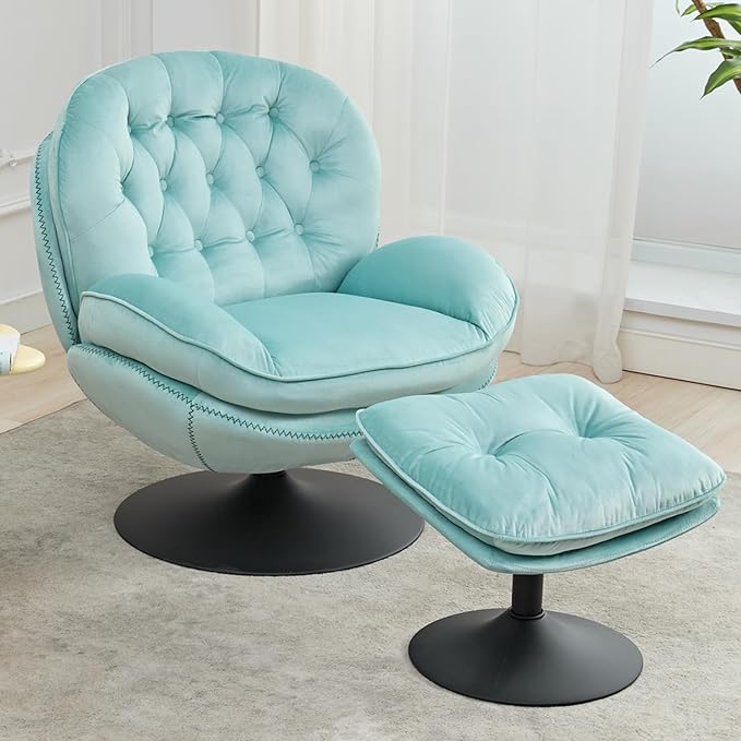 Velvet Swivel Accent Chair with Ottoman SetModern Tufted Armchair with Footrest for Living RoomReading TV Chair for AdultComfy Chaise Lounge Chairs with 360 Degree Swiveling for BedroomTeal