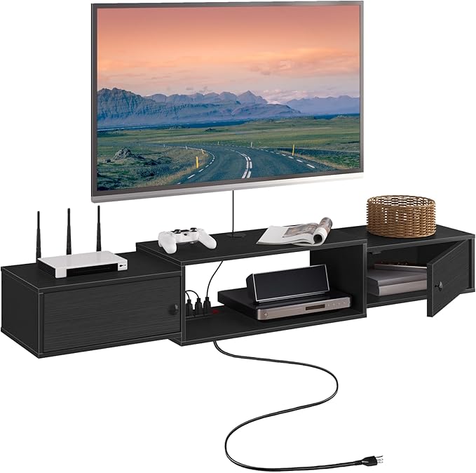 HOOBRO 55 Floating TV Stand with Power Outlets Modern Wall Mounted Media Console Shelf with Doors Entertainment Center for Under TV Storage for Living Room Bedroom Black BK11UDS01