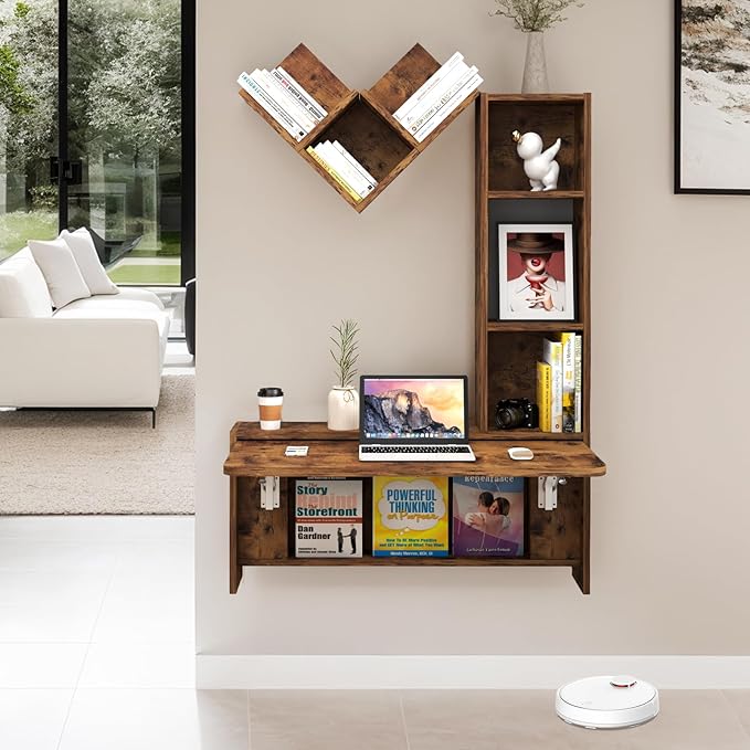 Folding Wall Mounted Drop Leaf Table Foldable Desk with Moveable Cabinets Floating Laptop with Convertible Storage Shelves Multifunctional Computer Workstation in Home for Space Saving