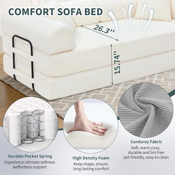 Convertible Sleeper Sofa Bed 1600lbs Weight Capacity Floor Sofa Bed with Fixed-Shape Frame Corduroy Foldable Couch for Small Space Lounge Mattress for Living Room Apartment Game Room (White)