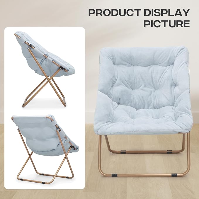 Cozy Saucer Chair Living Room Chair Faux Fur Soft Thick Padded Folding Chair Comfortable Square Moon Chair for Living Room Bedroom Reading Nook Modern Style 2 Pack Light Blue