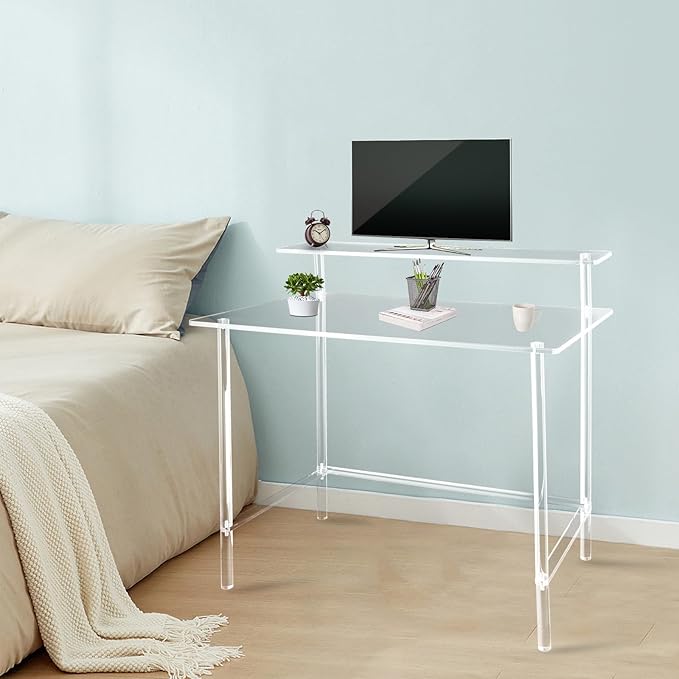 Acrylic Desk with Monitor Stand Two-Tier Design Home Office Desks Computer Desk Writing Table 31.5 x 19.69 x 34.65inches Clear Acrylic Desk for Living Room Study Room 88 lbs Capacity