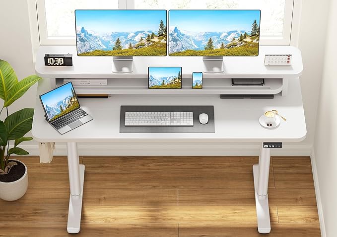 Flycity Electric Standing Desk with Dual Monitor Stand Height Adjustable Desk Sit Stand Desk with Memory Controller Casters &amp 2 Hooks Low Noise Home Office Desk (White 55 x 24)