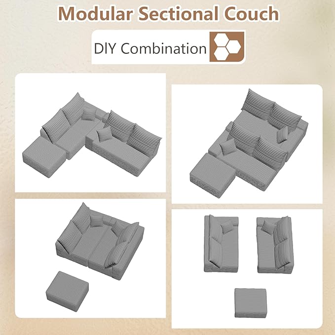 140 Modular Sectional Sofa Modern Corduroy Cloud Couch with Deep Seat Boneless Couch Upholstered 4-Seater L-Shaped Sofa for Living Room No Assembly Required (Grey 1 Ottoman)