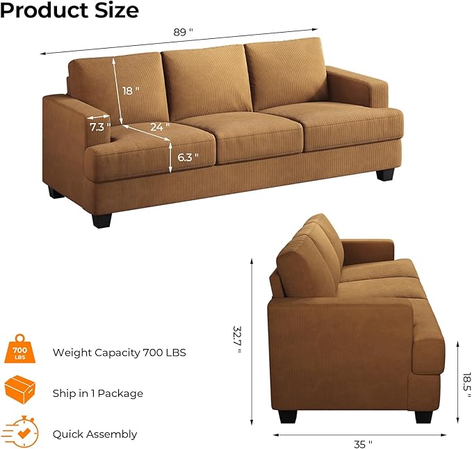89 Inch Sofa with Extra Deep Seats Oversize 3 Seater Sofa for Living Room Modern Couch and Sofa Comfy Armrests and Seats and Backrests Easy Installation Corduroy Fabric Ginger Yellow