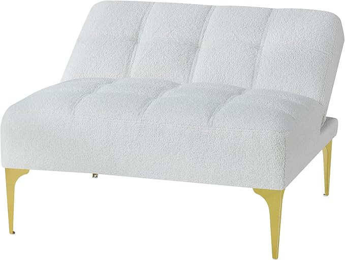 35.5 Modern Convertible Futon Sofa with Adjustable Backrest Teddy Upholstered Chaise Lounge with Tufted Design Comfy Couch Bed with Gold Metal Legs for Living Room Bedroom Apartment White Teddy