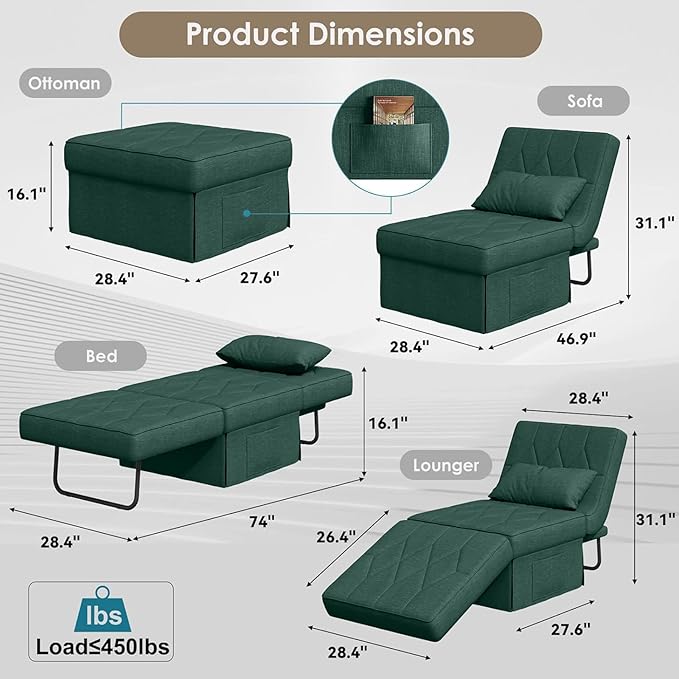 Convertible Sofa Bed with 5-Level Adjustable Backrest 74 D x 28 W 4-in-1 Folding Ottoman Sleeper Chair Bed Modern Single Futon Couch for Living Room Apartment Dorm Small Space Green