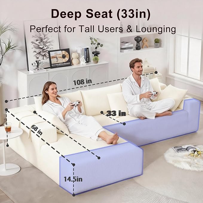 108 Modular Sectional Couch Sofa with L-Shape Chaise &amp 6 Pillows Modern Cloud Comfy Sofa with Deep Seat Upholstered Couches for Living Room Bedroom No Assembly Required (Beige)