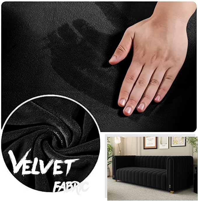 Emerald Green Velvet Couch 80 Inch Wide Mid-Century Modern Sofa Velvet Tufted Upholstered Velvet Sofa Love Seats Sofa with Golden Leg 3 Seat Sofa Big Comfy Couch Sofas for Livingroom (BlackA)