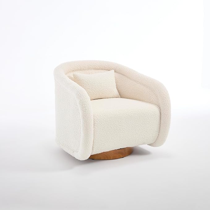 Set of 2 Swivel Accent Chairs 360° Barrel Lounge Chairs Soft Teddy Upholstered Armchairs with Ergonomic Curved Back and Thick Foam Cushion for Living Room Bedroom Apartment Office – Off White