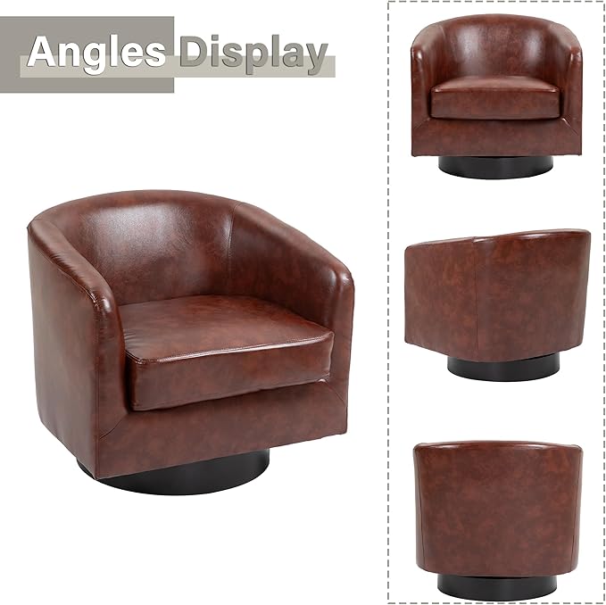 Lumibee Faux Leather Swivel Barrel Chairs Upholstered Comfy Round Swivel Accent Chair 360° Rotation Single Sofa Club Armchair for Living Room Reading Room Bedroom Red Brown