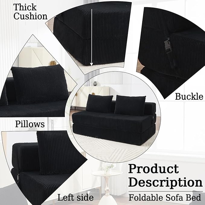 55 Convertible Folding Sofa Bed with 2 Pillows Corduroy Foldable Sleeper Sofa for Adult Floor Couch Bed for Living Room Bedroom No Assembly (Black)