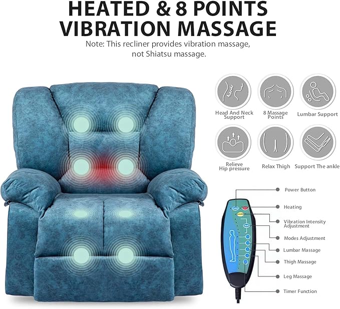 Oversized Recliner Chair &amp Massage Chair Recliner with HeatCozy Lazy Boy Recliners Chairs for Adults Blue Recliners Chairs&ampManual Reclining with Wide Seat Adjustable BackrestPockets (Blue)