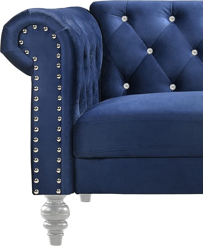 New Classic Furniture Glam Emma Velvet Two Seater Chesterfield Style Loveseat for Small Spaces with Crystal Button Tufts Royal Blue