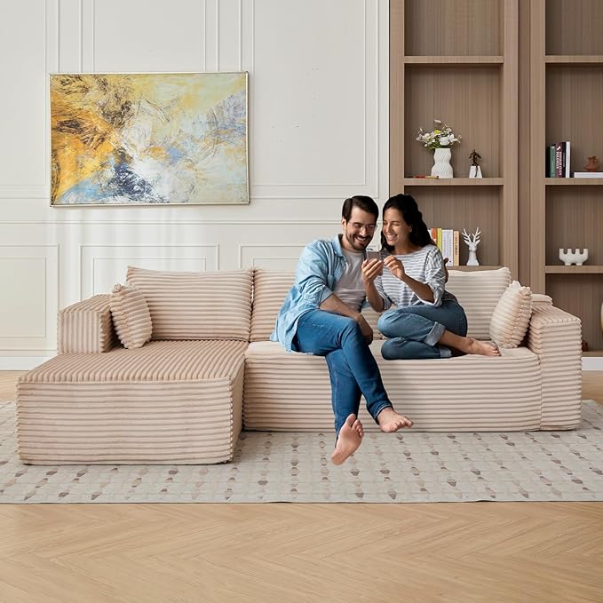 110 Inch Modular Sectional Cloud Couch with ChaiseOversized Deep Seat Sofa in CorduroyBoneless L Shaped Boneless Floor Couch Vacuum Pack for Easy ShippingNo Assembly for Living Room BedroomBeige