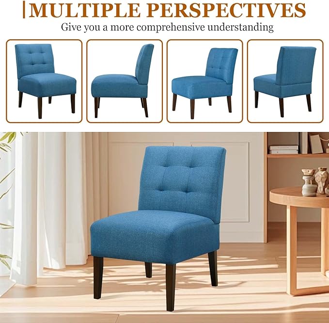 Modern Accent Chair for Living Room Upholstered Armless Slipper Chair with Back &amp Wood Legs Comfy Small Chair for Bedroom Living Room Reading Spaces Office (Blue2)