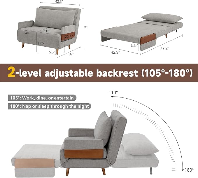 42 Convertible Sleeper Chair 3-in-1 Chair Bed Sleeper for Adults with Adjustable Backrest Pillow &amp Wooden Arms Loveseat Sofa Bed for Apartment Office Medium Gray