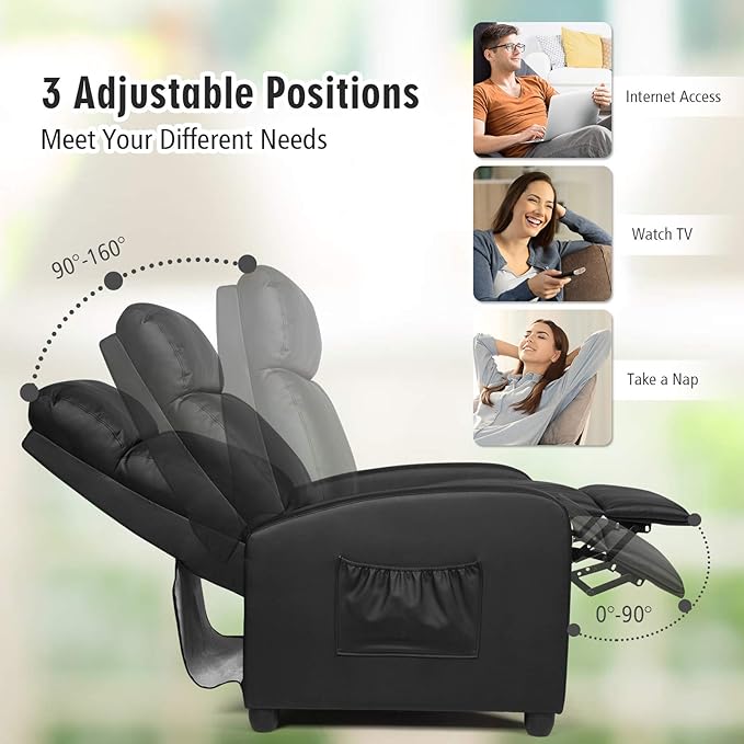POWERSTONE Recliner Chair PU Leather Recliner with Massage Function Small Reclining Chair Single Sofa Chair Home Theater with Thicker Cushion Wing Back Reading Chair for Living Room Office (Black)