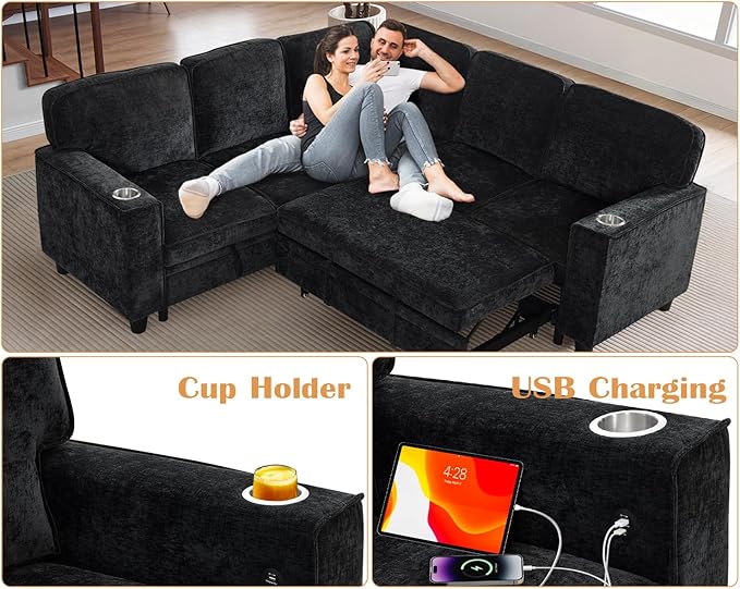 81 L Shaped Sleeper Sofa Couch with Pull Out Sofa Bed Oversized Convertible Sleeper Bed with Storage USB Ports &amp Cup Holder Sectional Couches for Living Room (Charcoal Grey)