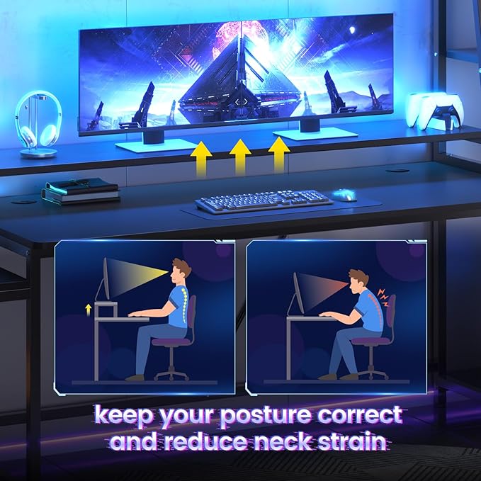 SEDETA Gaming Desk 78.8'' with LED Lights Hutch and Storage Shelves Computer Desk with Monitor Stand Large PC Gamer Desk Workstation Ergonomic Gaming Table for Bedroom Living Room Black