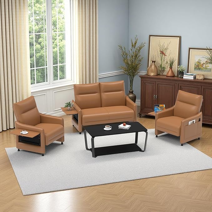 PU Leather Accent Chair Set Mid-Century Modern Living Room Armchair Sofa Descending Armrest Flip-Up Table Storage Pouch Rubber Feet for Living RoomOffice