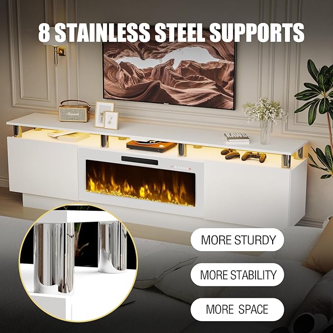 80 Modern Fireplace TV Stand with 36 Electric Fireplace for TVs Up to 90 inch Luxury LED Light Entertainment Center with High Gloss Cabinet White + Silver Posts with White Fireplace