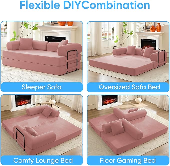 Mjkone 78.7 W Convertible Folding Mattress Couch with Armrest Corduroy Floor Sofa Bed with Metal Fixed-Shape Frame 5-in-1 DIY Futon Lazy Sofa Cama Lounge Couch for Living Room Bedroom Studio Pink