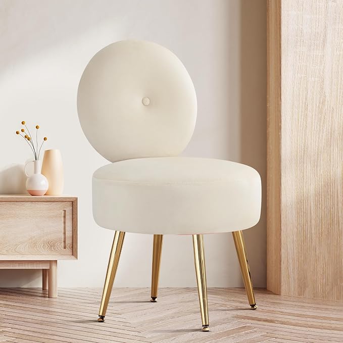 Furniliving Armless Vanity Chair for Makeup Room Velvet Vanity Stool with Back Living Room Chair with Solid Metal Legs for Bedroom Study Room Vanity(Khaki)