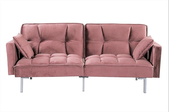 Regal 75.6 Velvet Convertible Sofa Bed - Mid-Century Sleeper Couch w/Tufted Design &amp Metal Legs - Pull-Out Futon for Guests/Home (75.6 W x 34.6 D x 32 H) Rose