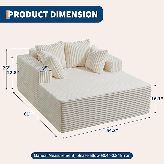 Oversized Chaise Lounge Chair Indoor 61 D x 54 W 2‑Person Comfy Cloud Boneless Couch Corduroy Foam No Assembly Required Sofa Bed with 4 Pillows &amp Armrests for Living Room &amp Bedroom