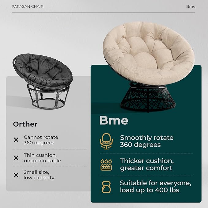 Bme 40 Ergonomic Wicker Papasan Chair with Soft Thick Density Fabric Cushion High Capacity Steel Frame 360 Degree Swivel for Living Bedroom Reading Room Lounge Sepia Sand - Black Base