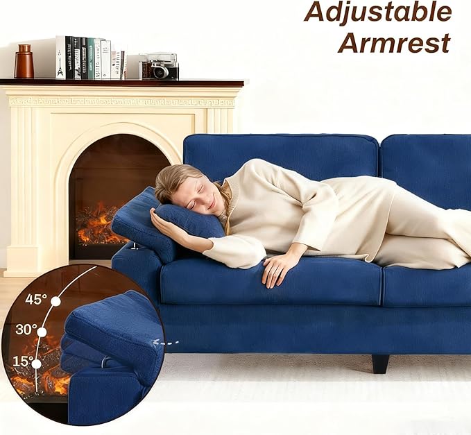 79'' Deep Seat Sofa for Living Room Mid Century Modern 3 Seater Couch with Adjustable Armrests &amp Charging Ports Navy Blue Loveseat for Apartment Home Office