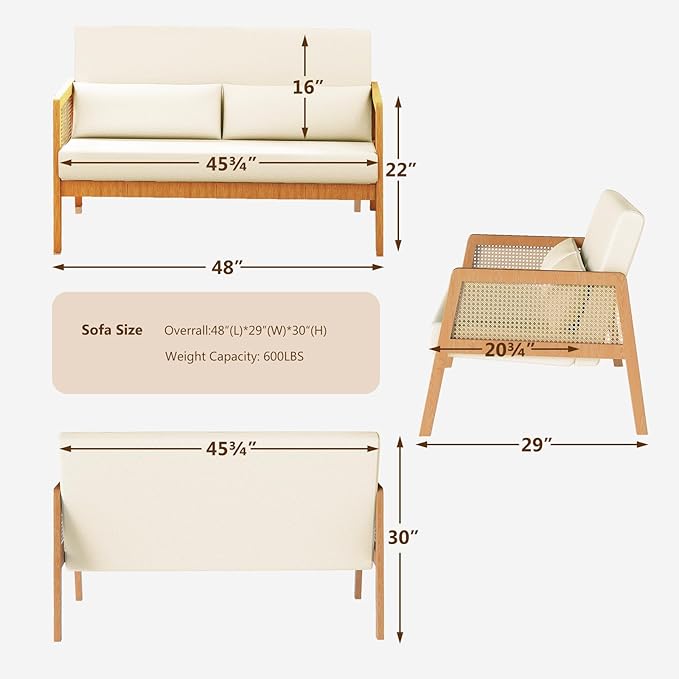 Furnimart 4ft Small Loveseat 48 Modern Rattan Settee 2-Seater Sofa with Wood Frame and Lumbar Pillows Wating Room Banquette Bench with Back Mini Couch for Apartment Office Patio Sherpa White