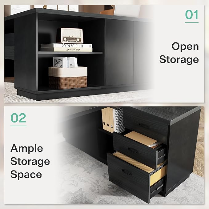 Tribesigns L-Shaped Executive Desk 78-Inch Modern Office Desk with Drawers and Lateral File Cabinet Large Bussiness Furniture with Storage Shelves Workstation for Home Office (Grey + Black)