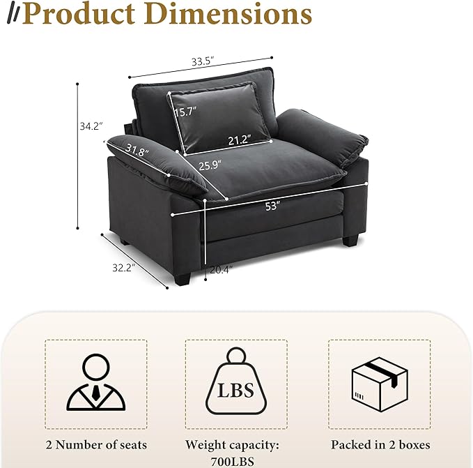 URRED Cloud Couch Accent Chair with Ottoman Oversized Velvet Armchair with Deep Wide Seat and Upholstered Armrests – Modern Lounge Chair for Bedroom or Living Room (Dark Gray 2 Chairs)