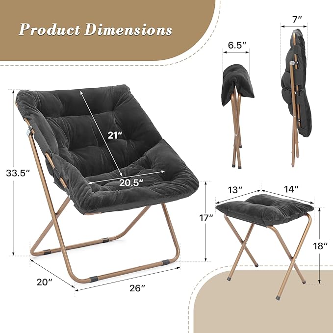Athena Collection Comfy Saucer Chair and Ottoman Set for Adult Comfortable Faux Fur Square Oversize Folding Reading Chair with Metal Leg Lazy and Cozy for Bedroom Living Room Black
