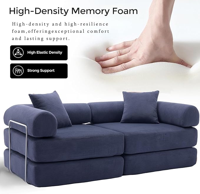 73 Convertible Modular Folding Sofa Bed 5-in-1 DIY Combination Fold Out Sleeper Sofa Bed Loveseat sleeper Couch with Removable Armrests Corduroy Floor Couch Small couches for small spaces Blue