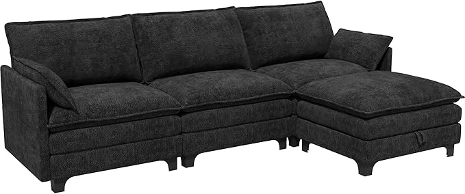 106 L Shaped Modern Modular Sectional Sofa Chenille Cloud Couch with Storage Ottoman Deep Seat Couches with Side Pocket for Living Room Bedroom and Apartment Dark Grey