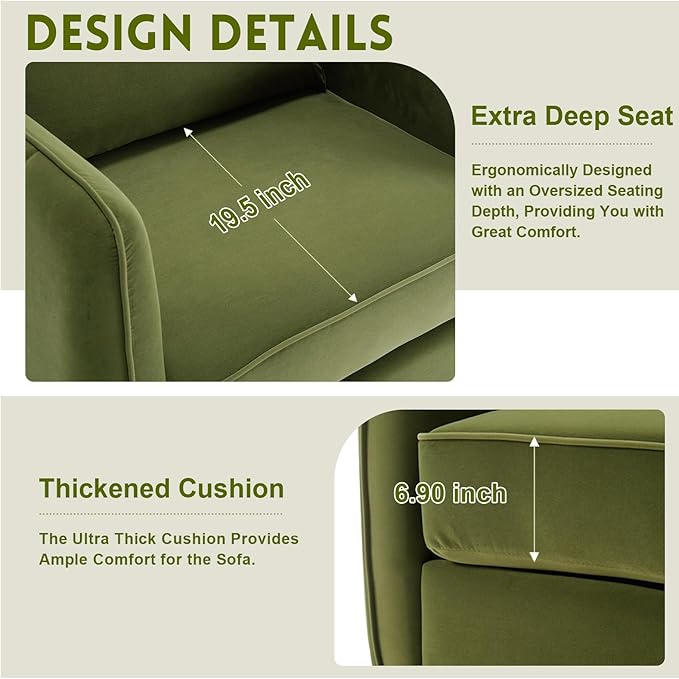 Velvet Accent Chair Mid Century Modern Single Arm Chair Comfy Living Room Reading Bedroom Lounge 6.3 Inch Upholstered Cushioned Black Metal Legs (Green Sofa Chair Set of 2)