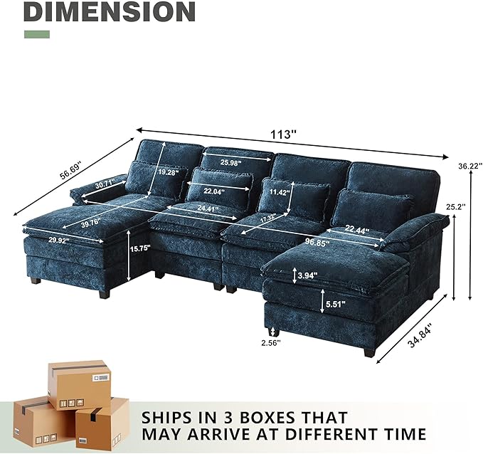112 Modular Sectional Sofa U Shaped Comfy Cloud Couch with Double Chaise and Padded Armrests Modern Deep Seat Sectional Couches for Living Room Apartment Office Dark Blue