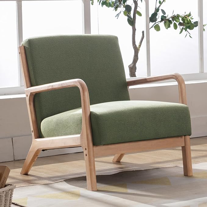 ANJ Mid Century Modern Accent Chair Comfy Fabric Reading Chair with Solid Wood Frame Easy Assembly Armchair for Living Room Blackish Green