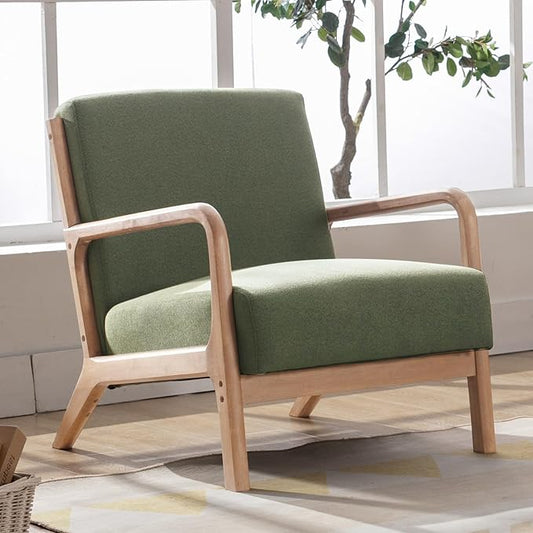 ANJ Mid Century Modern Accent Chair Comfy Fabric Reading Chair with Solid Wood Frame Easy Assembly Armchair for Living Room Blackish Green
