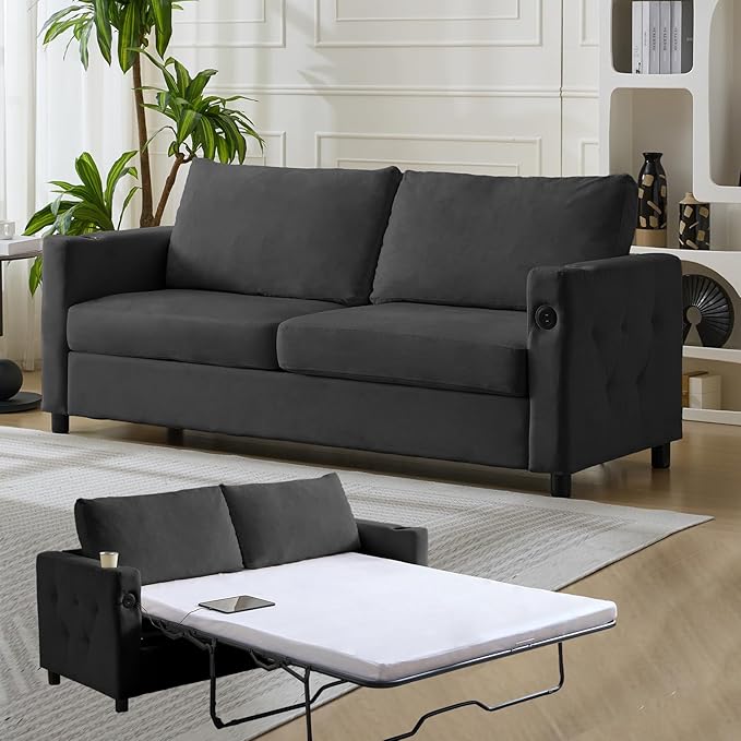 PUREMIND Queen Sleeper Sofa Couch 69 Velvet Pull Out Sofa Bed with Folding Foam Mattress 2-in-1 Sleeper Loveseat with USB &amp Cup Holders Pull Out Bed for Living Room Small Spaces Dark Grey