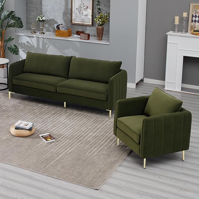 Leather Accent Chair Mid Century Modern PU Leather High Back Armchair for Living Room Chairs with Solid Wood Legs for Small Spaces Bedroom Office (Green-Velvet 29.13D x 32.68W x 35.04H)